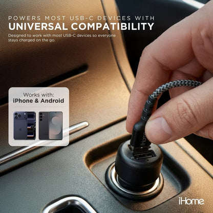 iHome 3.4A Dual Port Car Charger 3ft USB-C Braided Cable Rapid Charge - Lumi and Leo