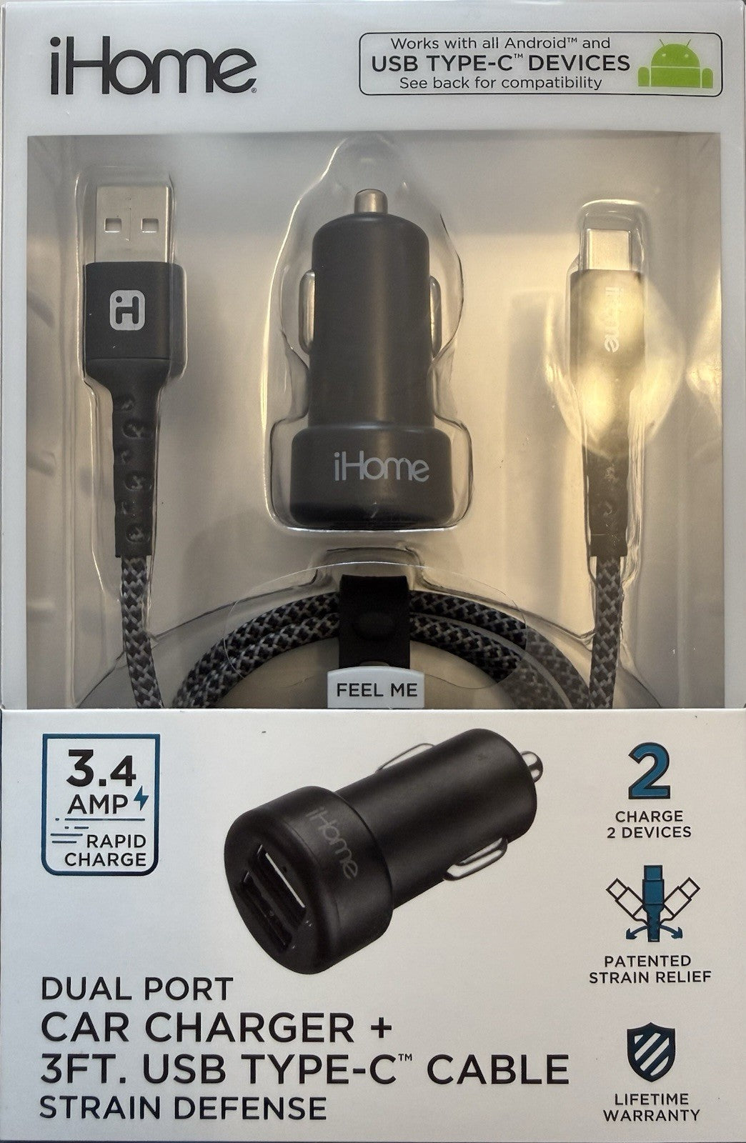 iHome 3.4A Dual Port Car Charger 3ft USB-C Braided Cable Rapid Charge