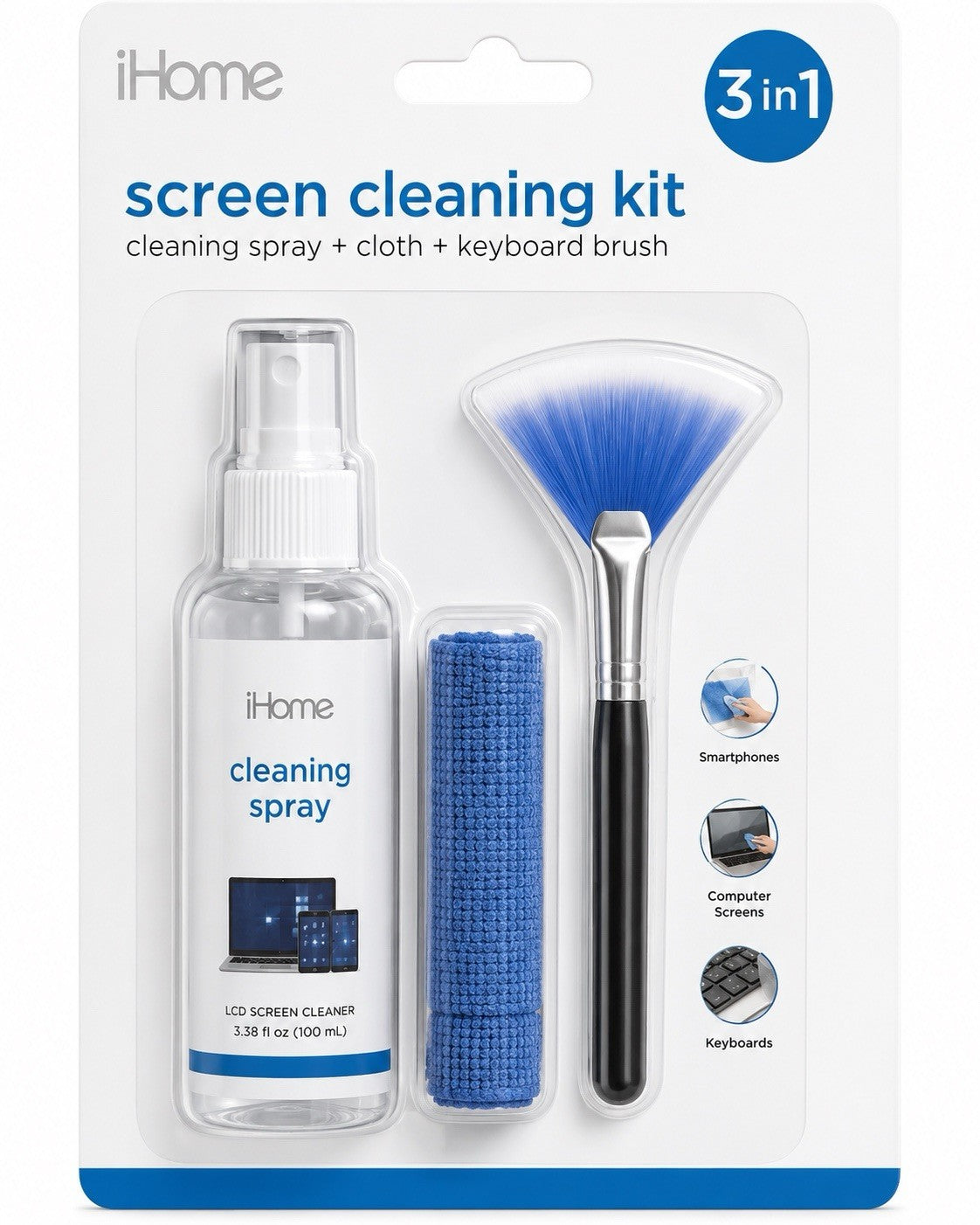 iHome 3-in-1 Screen Cleaning Kit Spray Cloth Keyboard Brush LCD Phone Cleaner