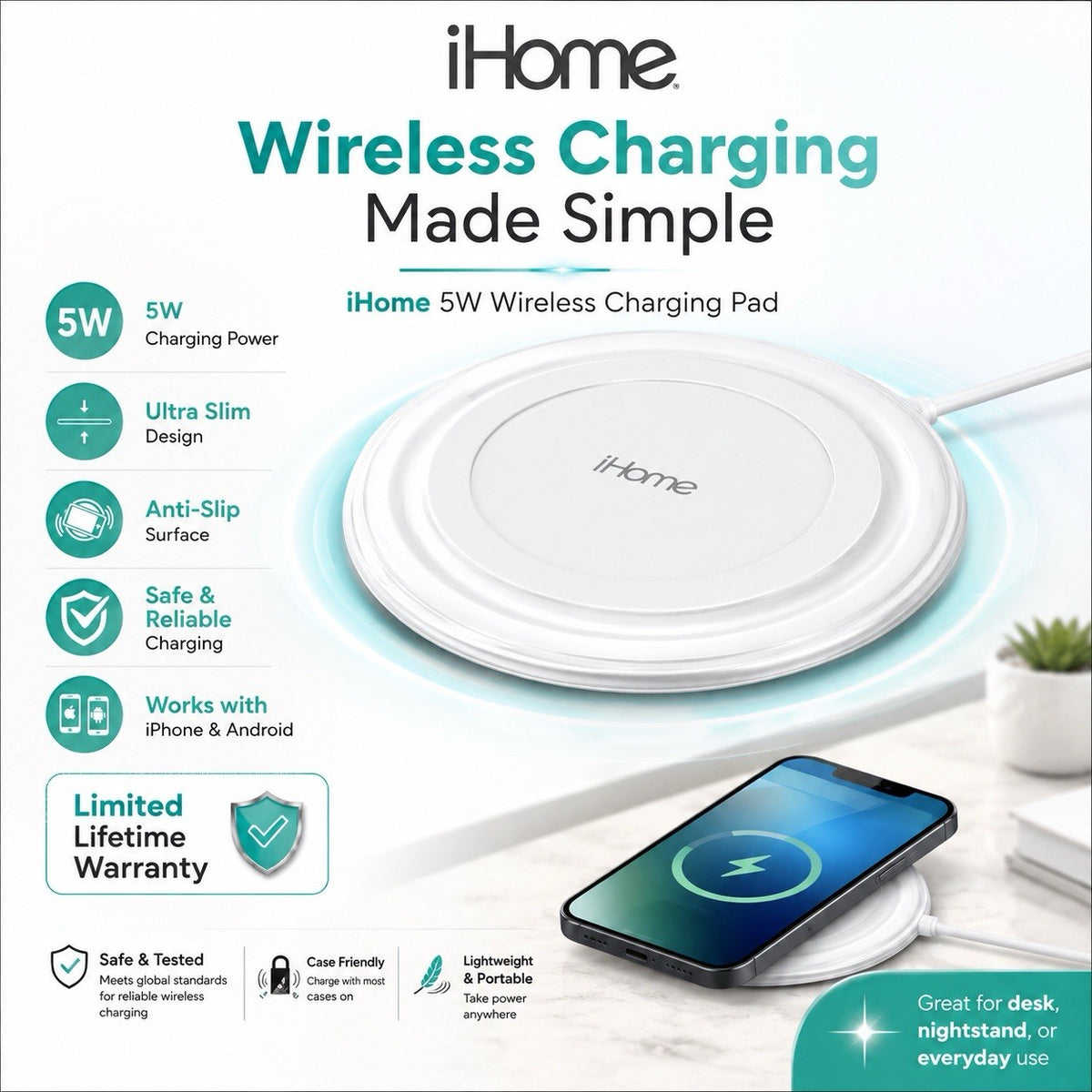 iHome 5W Qi Wireless Charging Pad Ultra Slim White iPhone Android 2IHQI1954X0BL - Lumi and Leo