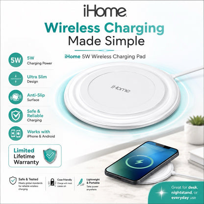 iHome 5W Qi Wireless Charging Pad Ultra Slim White iPhone Android 2IHQI1954X0BL - Lumi and Leo
